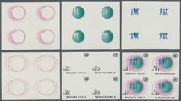 ** Vereinte Nationen - Genf: 1969. Ungezähner 4er-Block + Probedruck (5 Phasen) In 4er-Blocks Für Den 0.20fr-Wert - Unused Stamps