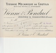 59 - VIENNE Et BONDUEL  - Tissage Mécanique De Coutils  - RONCQ Et COMINES ( 14 Cm X 9 Cm  ) Rare - Visiting Cards