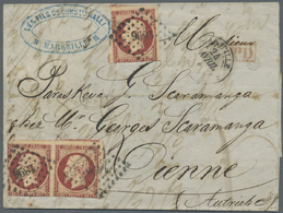 Br Frankreich: 1856/1882, Lot Of Five Entires, E.g. "Empire Nd" 20c. Blue (4) On Cover To England, 80c. - Usati
