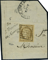 Fragment N° 1, 10c Bistre, Obl Grille + Cursive 84 St Maurice En Gourgois, Sur Frgt, T.B., Rare, Signé Calves - Other & Unclassified