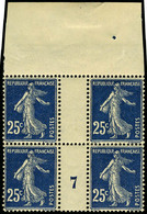 Neuf Sans Charnière N° 140b, 25c Semeuse Bleu Noir, Bloc De 4 Millésime 7, Bdf, T.B. - Other & Unclassified