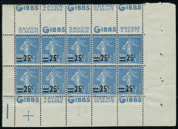 Neuf Sans Charnière N° 217b, 25c Sur 30c Bleu Semeuse, Bloc De 10, Pub Gibbs, Les 5 Du Haut Double Pub, 1ex Variété 5 Fe - Altri & Non Classificati