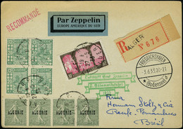 Lettre Zeppelin 2 SAF 1933, CP Recommandée Alger 27.5.33 Avec N° 84 + Complément D'affranchissement, Càd De Transit Frie - Other & Unclassified