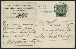 Lettre Premier Vol Bath-Londres 24 Mai 1912. CP Illustrée (pilote PC Hucks) Avec Càd Londres My 28 12. Etiquette This Ca - Autres & Non Classés