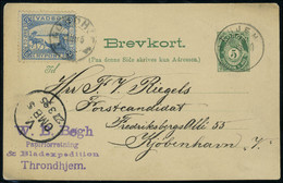 Lettre Vignette Bleu à 2 Ore Vadso, Expédition Polaire Mars 1895 Sur Entier Postal à 5 Ore Vert T.B. - Other & Unclassified