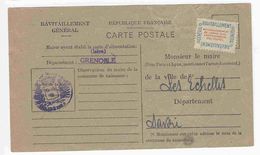 1946 - étiquette Service Du Ravitaillement Général Sur Fiche De Grenoble Pour Les Echelles Savoie - Storia Postale