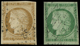 EMISSION DE 1849 -  1    10c. Bistre Jaune Et N°2 15c. Vert, Les 2 Avec Amorce De Voisin, Obl. PC Et GRILLE SANS FIN, TT - 1849-1850 Cérès