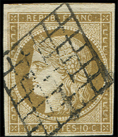 EMISSION DE 1849 -  1c   10c. Bistre VERDATRE FONCE, Obl. GRILLE, TTB, Nuance Certifiée Calves - 1849-1850 Cérès