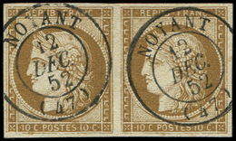 EMISSION DE 1849 -  1c   10c. Bistre VERDATRE FONCE, PAIRE Obl. Càd T15 NOYANT 12/12/52, Superbe. C - 1849-1850 Cérès