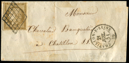 Let EMISSION DE 1849 - Let  1    10c. Bistre, 2 Filets Touchés, Obl. GRILLE S. LAC, Càd T15 CHATILLON-S-SEINE 21/7/51, T - 1849-1850 Cérès