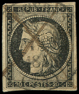 EMISSION DE 1849 -  3    20c. Noir Sur Jaune, Obl. Càd LOUVRES 7 JANV 49 + PLUME, Petit Pelurage, TB - 1849-1850 Cérès