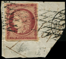 EMISSION DE 1849 -  6     1f. Carmin, Oblitéré GRILLE SANS FIN Sur Fragment, TB - 1849-1850 Cérès