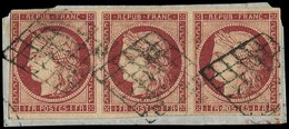 EMISSION DE 1849 -  6     1f. Carmin, BANDE De 3 Filet Intact Tout Autour, Obl. GRILLE Sur Fragment, TB. C - 1849-1850 Cérès