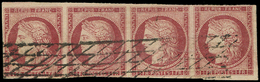 EMISSION DE 1849 -  6     1f. Carmin, BANDE De 4, 2 Ex. Filet Touché, Obl. GRILLE SANS FIN, B/TB. C - 1849-1850 Cérès