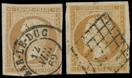 EMPIRE NON DENTELE -  13A  10c. Bistre, T I, 2 Ex. Obl. GRILLE Et Càd T15 BAR-LE-DUC, TTB - 1853-1860 Napoléon III