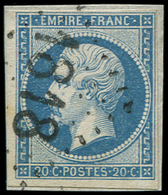 EMPIRE NON DENTELE -  14B  20c. Bleu, T II, Obl. GC D'ESSAI 1818 Gras Sur Petit Fragment, TB - 1853-1860 Napoléon III