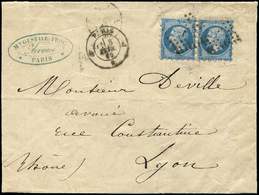 Let EMPIRE NON DENTELE - Let  14B  20c. Bleu, T II, PAIRE PIQUAGE SUSSE, Obl. Los. J S. LSC, Càd J PARIS J 8/2/62, TB - 1853-1860 Napoléon III
