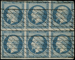 EMPIRE NON DENTELE -  15   25c. Bleu, BLOC De 6, 2 Ex. Pelurages, Un Ex. Filet Touché Dans Un Angle, Sinon TB - 1853-1860 Napoléon III