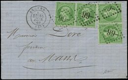 Let EMPIRE DENTELE - Let  20    5c. Vert, 2 PAIRES Obl. GC 99 S. LAC, Càd T17 ANGERS 18/2/69, Superbe - 1862 Napoléon III