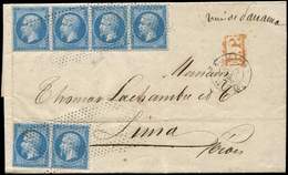 Let EMPIRE DENTELE - Let  22   20c. Bleu, 3 PAIRES Obl. POINTILLES S. LAC, Càd 3e PARIS 31/8/64, Arr. LIMA 3/10, TTB - 1862 Napoléon III