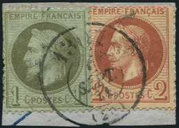 EMPIRE LAURE -  25 + 26, 1c. Olive Et 2c. Brun-rouge, Obl. Càd De Bx De PASSE 1307 ( )/9/71 Sur Petit Fragment, TB - 1863-1870 Napoléon III Lauré