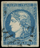 EMISSION DE BORDEAUX -  44A  20c. Bleu, T I, R I, Obl. GC, Effigie Dégagée, TB/TTB - 1870 Emission De Bordeaux