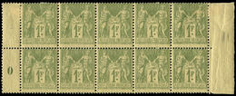 ** TYPE SAGE - **   82    1f. Olive Clair, BLOC De 10 Avec Bords Mill.0, 3 Ex. *, Décentré, Sinon TB - 1876-1878 Sage (Type I)