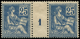 ** EMISSIONS DU XXème SIECLE - **   118   Mouchon, 25c. Bleu, Nuance FONCEE, PAIRE Mill.1, Ch. Sur Intervalle, Frais Et  - Neufs