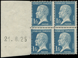 ** ROULETTES - **   19  Pasteur, 1f. Bleu, BLOC De 4 Bdf Daté 21/8/25, Décalage De Galvano, TB - Roulettes