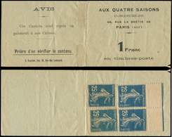 CARNETS (N°Cérès Jusqu'en1964) -  Carnet Monnaie N°140, 25c. Bleu, PAIRE + 2 Unités, Aux Quatre Saisons, 1 Franc., R Et - Autres & Non Classés