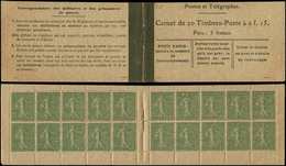 CARNETS (N°Cérès Jusqu'en1964) -  68   Semeuse Lignée, 15c. Vert Olive, N°130D, T V, Couv. Postale, C2 Loi Du 30/12/16, - Autres & Non Classés