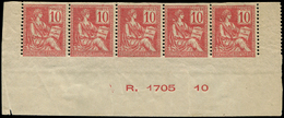 ** VARIETES - **   116   Mouchon, 10c. Rouge, BANDE De 5 Bas De Feuille N°R.1705 10, NON DENTELEE Horizontalement, R, TT - Neufs