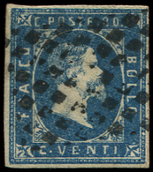 ITALIE (ANCIENS ETATS) SARDAIGNE 2 : 20c. Bleu, 1er Tirager, Sassone N°2a, Obl., TB - Sardaigne