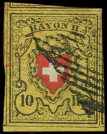 SUISSE 15 : 10Rp.jaune, Noir Et Rouge, Rayon II, Pierre B, Obl., Grandes Marges, TTB/Superbe - 1843-1852 Timbres Cantonaux Et  Fédéraux