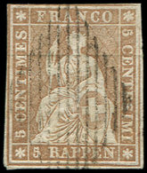 SUISSE 26d : 5r. Brun Gris, Fil De Soie Vert, Papier Mince (Zumstein N°22f), TB - 1843-1852 Timbres Cantonaux Et  Fédéraux