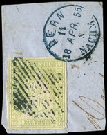 SUISSE 30c : 40r. Vert Soufre Obl. Sur Fragt, Càd Bleu BERN 18/4/55, TTB, Certif. Berra-Gautschy - 1843-1852 Timbres Cantonaux Et  Fédéraux