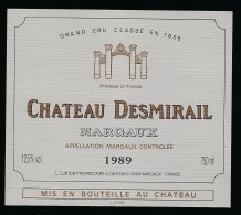 Etiquette Vin  Medoc   Chateau  Desmirail  Margaux 1989 Grand Cru Classé En 1855  L Lurton Propriétaire - Bordeaux