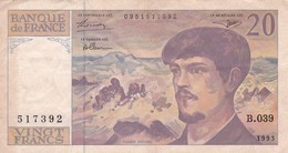 BILLETE DE FRANCIA DE 20 FRANCS DEL AÑO 1993 SERIE B.039 (BANKNOTE) CLAUDE DEBUSSY - 20 F 1980-1997 ''Debussy''