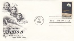 Apollo 8 Illustrated Cover, Astronauts Lovell Anders Borman Lunar Orbit, FDC Houston Texas Postmark 5 May 1969 - Amérique Du Nord