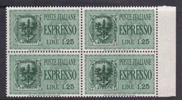 Italy-WW II Occupation-German Occupation Of Lubiana, E 4 1944 Special Delivery Stamp, Lire 1,25 Green Block 4 MNH - Deutsche Bes.: Lubiana