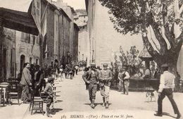 Delcampe - 585- SIGNES  - PLACE ET RUE ST JEAN    -PH.MARIUS BAR TOULON  BELLE CARTE ANIMEE 1916 -eau De Toilette "LUBIN" Chocolat - Signes