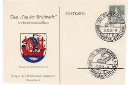 BERLIN 1958 Unaddressed Illustrated Stamp Day Postcard Promoting Bremerhaven Stamp Exhibition With Special Exhib Cancel - Postkaarten - Gebruikt