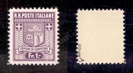 0411 Campione - 1944 - 1 Franco (5a) I Tiratura Dent. 11 1/2 - Con Greca Rotta In Alto A Destra - Gomma Integra - Autres & Non Classés