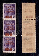 0421 1945 - Striscia Verticale Di Tre Del 50 Cent (5A) - Pezzo Centrale Con Soprastampa Spostata In Basso (Posizioni 35/ - Sonstige & Ohne Zuordnung