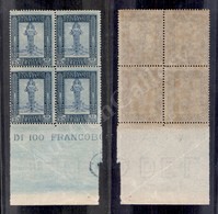 0493 1924/1929 - Quartina Del 25 Cent (49i) Su Carta Azzurrognola - Bordo Foglio - Gomma Integra (1.000+) - Autres & Non Classés