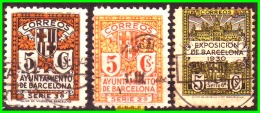 ESPAÑA LOTE  DE 3 SELLOS  DIFERENTES ESCUDO DE LA CIUDAD   BARCELONA  AÑO 1932 - Barcellona