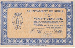 BILLETE DE 25 CENTIMOS DEL AJUNTAMENT DE SURIA DEL AÑO 1937 (SELLO SECO) SIN CIRCULAR    (BANKNOTE) - Other & Unclassified