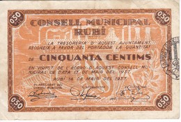 BILLETE DE 50 CENTIMOS DEL CONSELLO MUNICIPAL DE RUBI DEL AÑO 1937     (BANKNOTE) - Andere & Zonder Classificatie