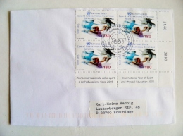 Cover UN Year Of Sports 2005 2004 Special Cancel Fdc Lausanne Football Helvetia Geneve Block Of 4 - Lettres & Documents