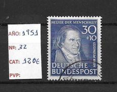LOTE 1364 ///  (C225) ALEMANIA FEDERAL AÑO 1951    YVERT Nº: 32   LUXE           CATALOG/COTE: 120€ - Used Stamps